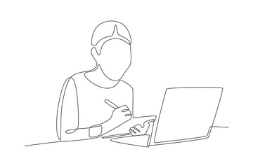 Woman taking notes on meeting topics.Working from home one-line drawing