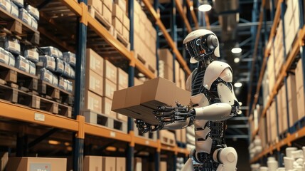 A robot meticulously sorting and packaging goods in a warehouse.
