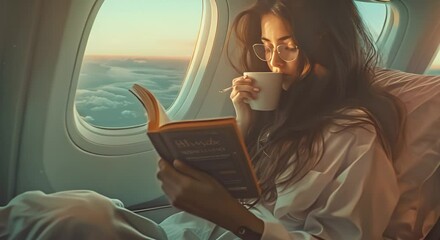 woman reading a book to pass the time in an airplane 