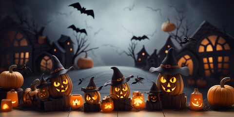 Fototapeta na wymiar Halloween pumpkin head jack-o-lantern, treats and sweets. Happy Halloween background. Scary Lantern. All saints day. Day of Death.