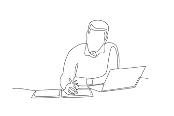 Man taking notes while working from home.Working from home one-line drawing