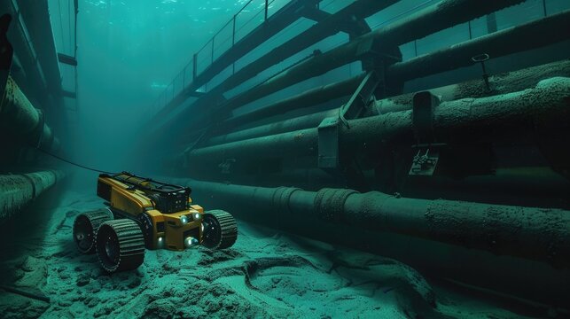 A robot inspecting underwater pipelines for signs of damage.