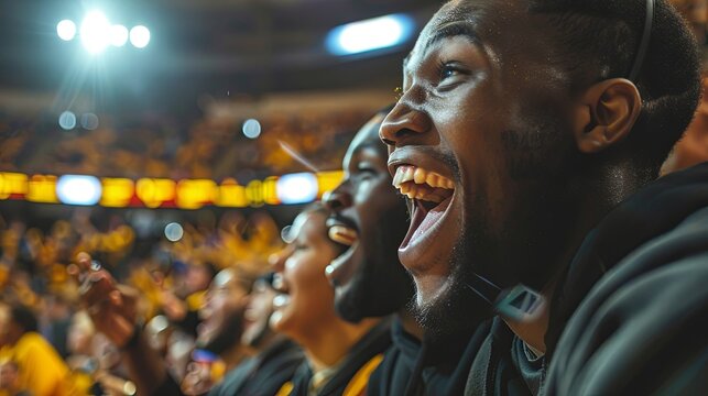 A photo capturing fans immersed in a basketball game.