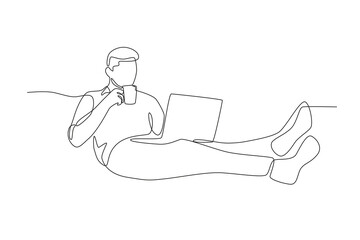 A man who works from home with his legs stretched out.Working from home one-line drawing