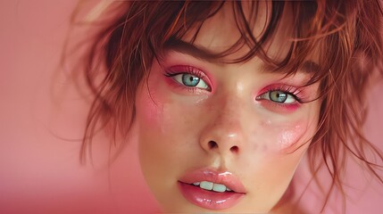 Elegant woman with soft makeup posing in a pink silk dress, exuding luxury and femininity.