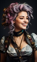 A woman with purple and pink hair is smiling and wearing a black vest