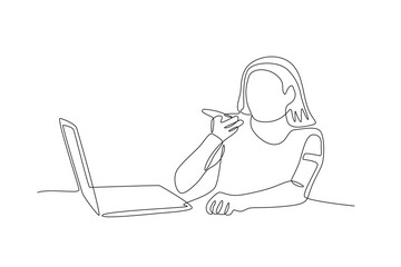 Woman recording sound while working from home.Working from home one-line drawing