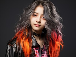 A woman with long, orange and black hair is wearing a black jacket