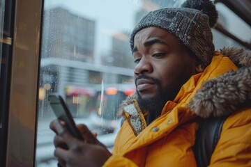 Candid image of an individual in a yellow winter jacket using a smartphone while seated on public transit