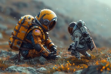 Two vibrant astronauts inspect the alien flora on a rocky terrain, symbolizing teamwork and scientific discovery