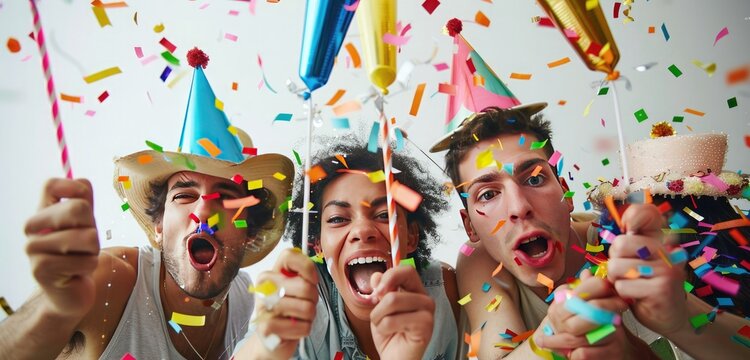 A playful group of friends wearing party hats and blowing party blowers in celebration