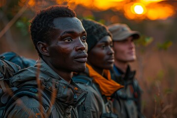 Obraz premium An introspective hiker in outdoor gear focuses ahead during a sunset hike, with a vibrant golden hour backdrop