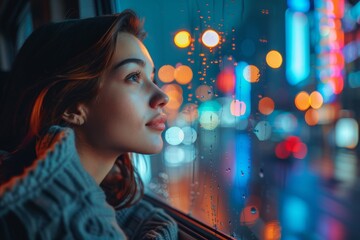 A contemplative woman peers through a raindrop covered window at the glowing city lights, evoking a sense of solitude and reflection - obrazy, fototapety, plakaty
