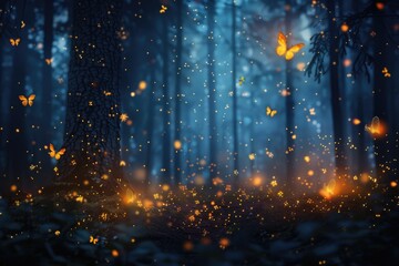 Abstract and magical image of Firefly flying in the night forest. Fairy tale concept