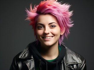 A woman with color hair and a color jacket