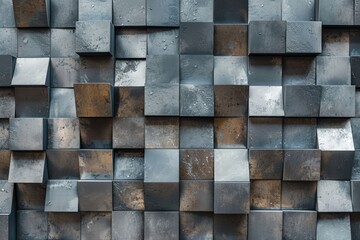 Abstract background of metal cubes in varying shades of gray and dark tones