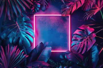 Tropical leaves with neon lights in creative layout. Nature theme.