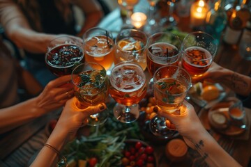Obraz na płótnie Canvas An intimate scene of hands with various beer glasses raised in a toast symbolizing friendship and celebration amid a cozy atmosphere