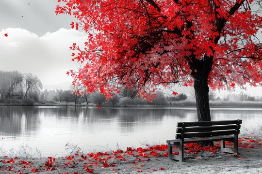 Empty park bench under red tree in black and white