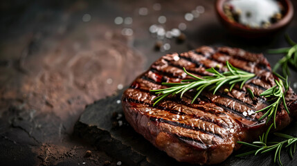 Grilled steak with rosemary on a slate board against a dark rustic background. Gourmet culinary concept for design and menus. Flat lay composition with copy space.