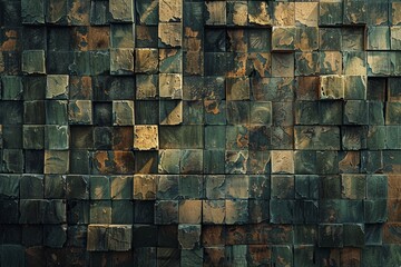 Dark green and brown abstract texture of blocks with rough edges