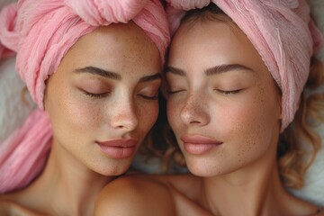 Identical twin women with pink headscarves and freckles are depicted in a peaceful, intimate moment