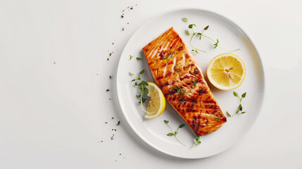 Grilled salmon fillets on a white plate with lemon slices and herbs. Studio photography with high contrast lighting. Healthy eating and seafood concept. Flat lay composition with copy space.