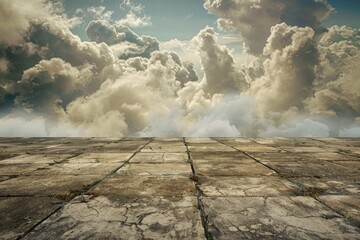 Surreal setting background with old worn tiles and cloudscape