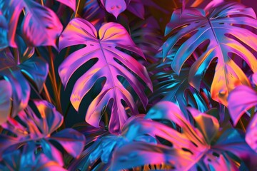 Vibrant tropical palm leaves in holographic colors  surreal concept art.