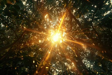 zoom lens and golden light burst among trees - obrazy, fototapety, plakaty