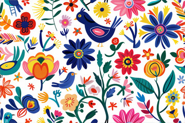 Vibrant folk art with flowers and birds pattern