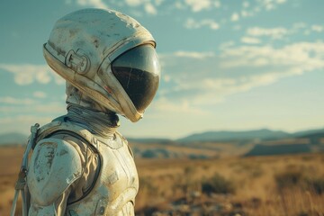A cosmonaut in a detailed spacesuit appears to be exploring a barren desert landscape, implying discovery