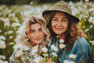 Madre de mas de 50 años  junto a su hija  de 20 años posando felices en un campo rodeadas de flores, sobre fondo de paisaje primaveral. Concepto día de la madre, dia de la mujer, cumpleaños