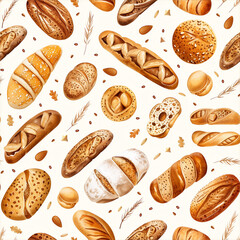 Assorted freshly baked bread and pastries pattern