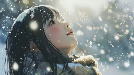Beautiful asian woman with scarf and snowflakes in winter ai generated art