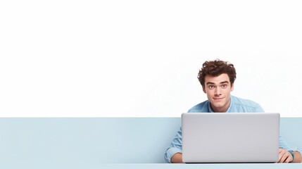 Gesture of sitting at the desk with laptop and books in the room