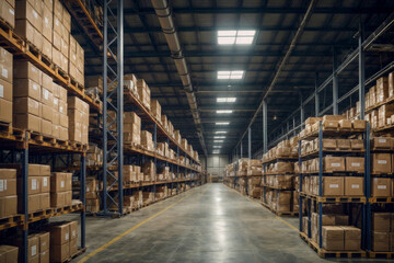 A large warehouse with many boxes stacked on shelves. The boxes are mostly brown and white. Labeling goods in the warehouse for better organization and inventory management - obrazy, fototapety, plakaty