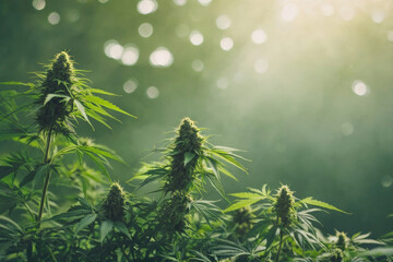 Marijuana plants in the sunshine on a blurred green background. The plants are tall and green, and they are surrounded by other plants - obrazy, fototapety, plakaty