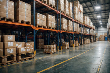 A large warehouse with many boxes stacked on shelves. The boxes are mostly brown and white. Labeling goods in the warehouse for better organization and inventory management