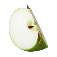 Green apple with green leaf and cut slice with seed isolated on a transparent background.