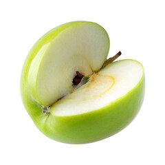 Green apple with green leaf and cut slice with seed isolated on a transparent background.