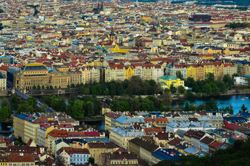 Prague aerial city and river view. Vltava river
