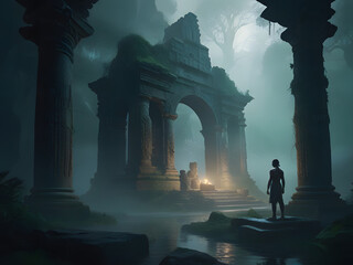 a man stands in front of a temple in the fog