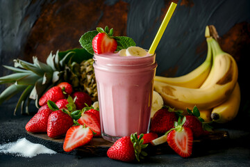Strawberry banana smoothie garnished with fresh fruit slices, dark background with pile of natural sweetener showing natural sweetness of ingredients. Fruity smoothie with strawberries and bananas - Powered by Adobe