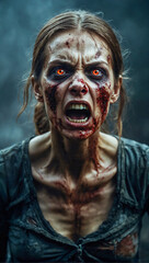 scary angry female zombie with glowing eyes on a dark and misty background