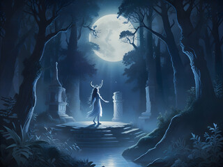 a painting of a man and a woman in a dark forest with a full moon in the background
