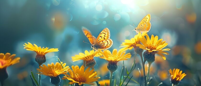 Joyful, carefree springtime photo of yellow Santolina flowers and butterflies attracted in a fuzzy outdoor setting over a clear day and space, Generative AI.