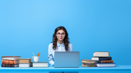 Girl student sitting at a table with a laptop and books