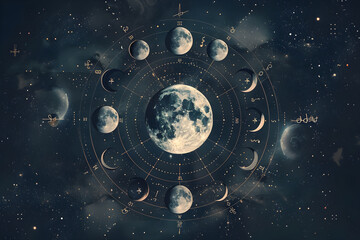 The Enchanting Dance of the Moon: A Conceptual Representation of the Lunar Calendar and Zodiac Signs - obrazy, fototapety, plakaty