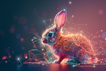 Illustration of a rabbit sitting on a technological backdrop with a big space for text or product, Generative AI. - obrazy, fototapety, plakaty